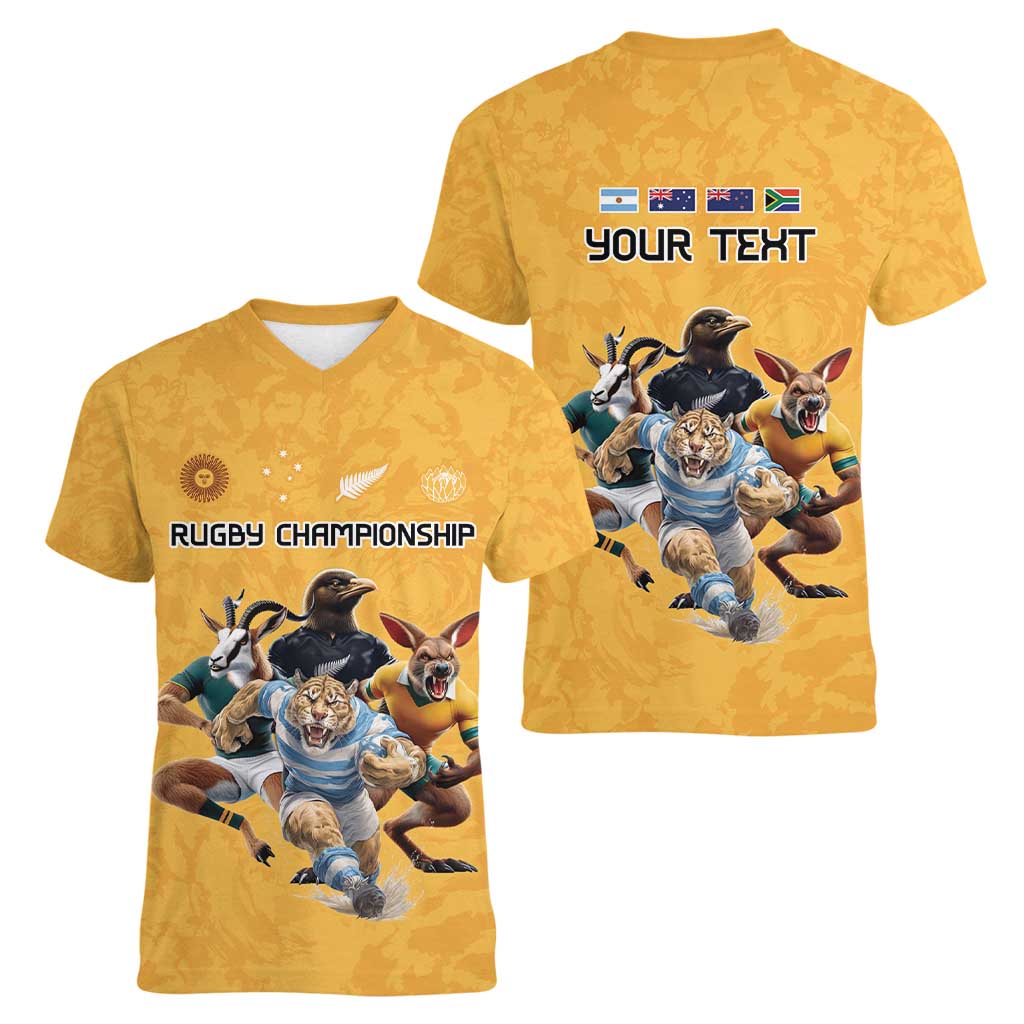 Custom Rugby Southern Hemisphere Women V-Neck T-Shirt Argentina AUNZ South Africa Mascot Gold - Polynesian Pride