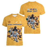 Custom Rugby Southern Hemisphere Women V-Neck T-Shirt Argentina AUNZ South Africa Mascot Gold - Polynesian Pride