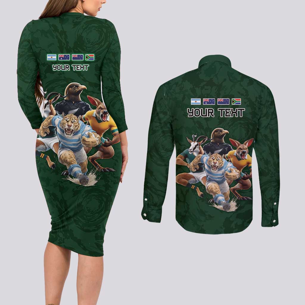 Custom Rugby Southern Hemisphere Couples Matching Long Sleeve Bodycon Dress and Long Sleeve Button Shirt Argentina AUNZ South Africa Mascot Green - Polynesian Pride