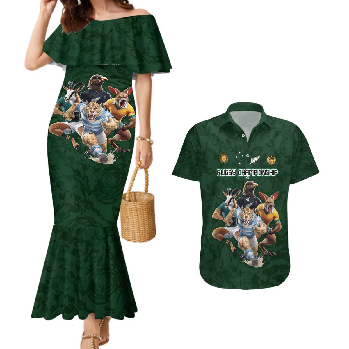 Custom Rugby Southern Hemisphere Couples Matching Mermaid Dress and Hawaiian Shirt Argentina AUNZ South Africa Mascot Green - Polynesian Pride