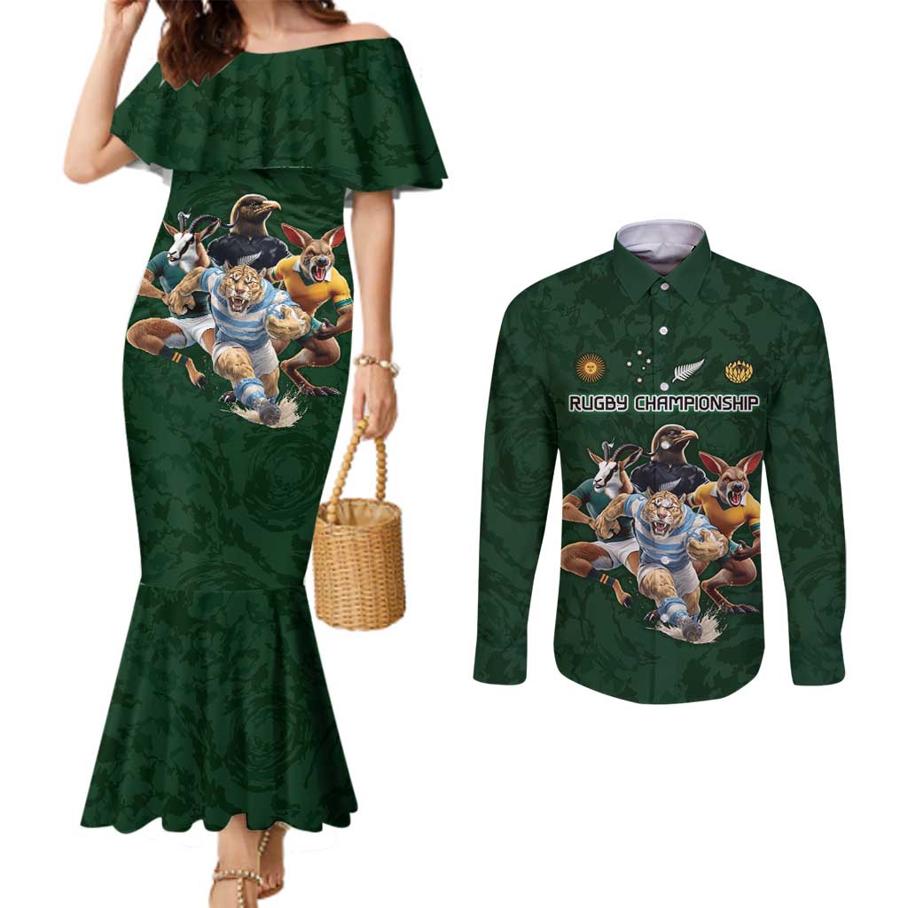 Custom Rugby Southern Hemisphere Couples Matching Mermaid Dress and Long Sleeve Button Shirt Argentina AUNZ South Africa Mascot Green - Polynesian Pride
