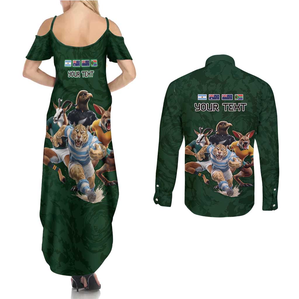 Custom Rugby Southern Hemisphere Couples Matching Summer Maxi Dress and Long Sleeve Button Shirt Argentina AUNZ South Africa Mascot Green - Polynesian Pride