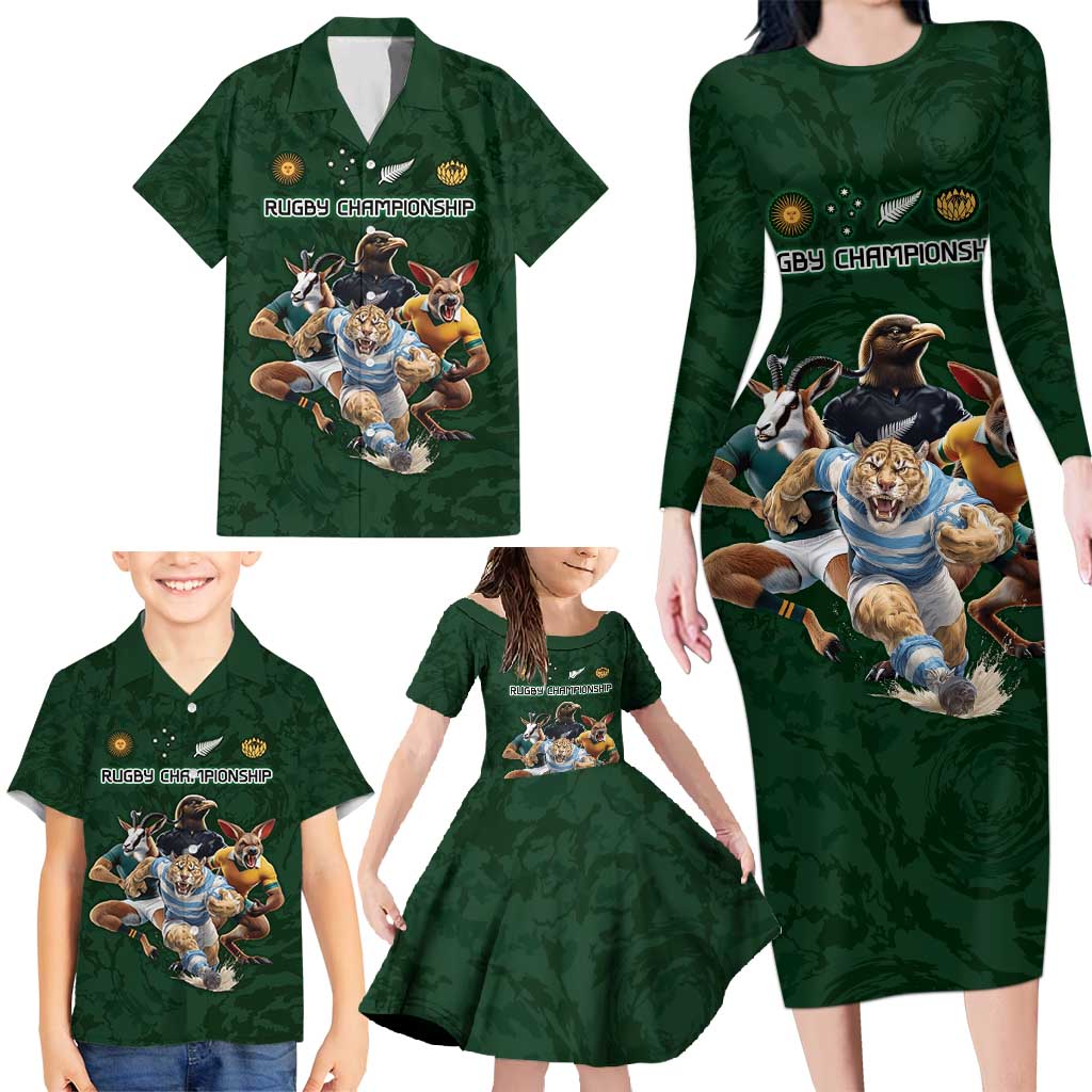 Custom Rugby Southern Hemisphere Family Matching Long Sleeve Bodycon Dress and Hawaiian Shirt Argentina AUNZ South Africa Mascot Green - Polynesian Pride
