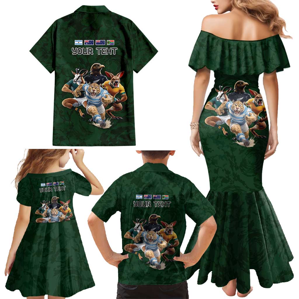 Custom Rugby Southern Hemisphere Family Matching Mermaid Dress and Hawaiian Shirt Argentina AUNZ South Africa Mascot Green - Polynesian Pride