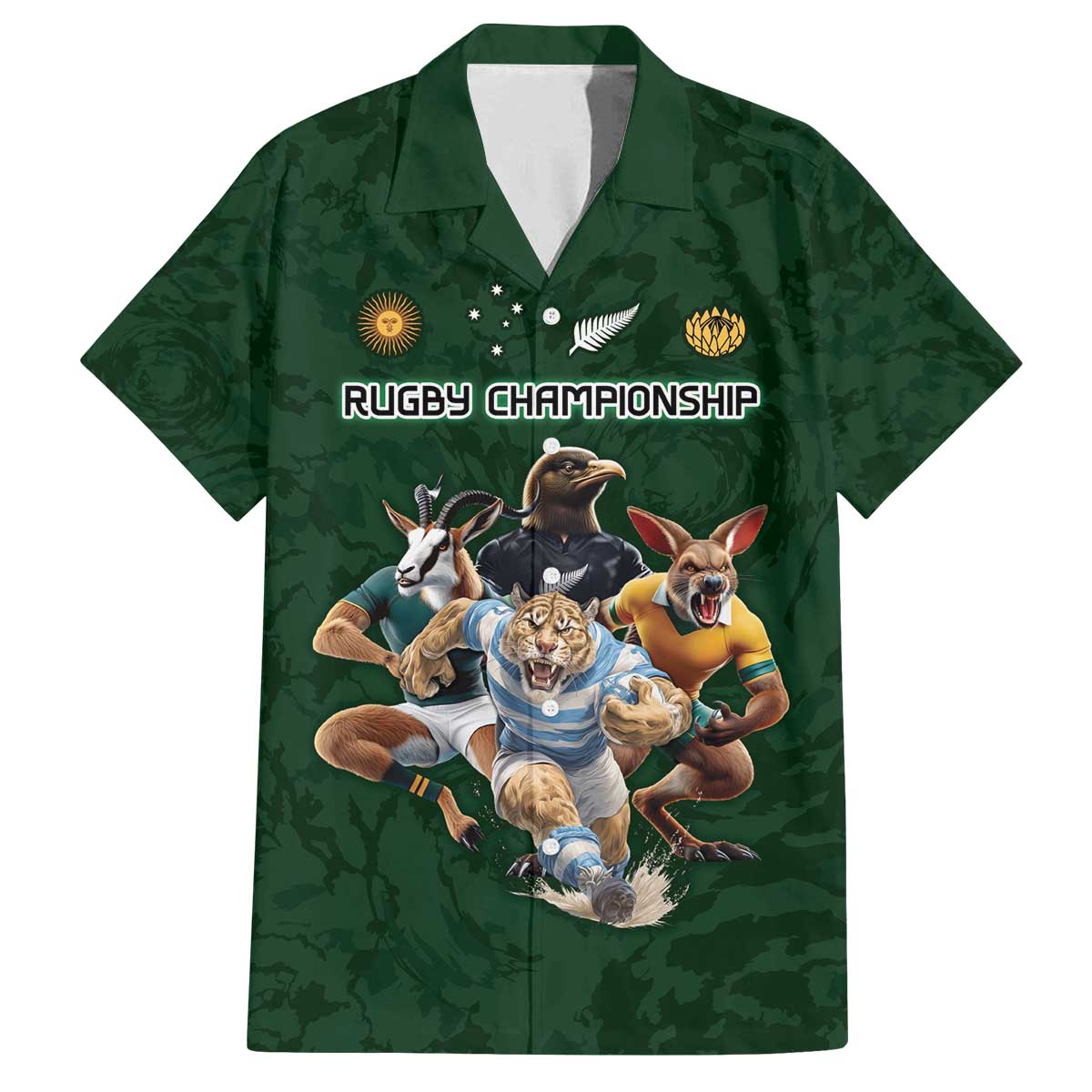 Custom Rugby Southern Hemisphere Family Matching Off The Shoulder Long Sleeve Dress and Hawaiian Shirt Argentina AUNZ South Africa Mascot Green - Polynesian Pride