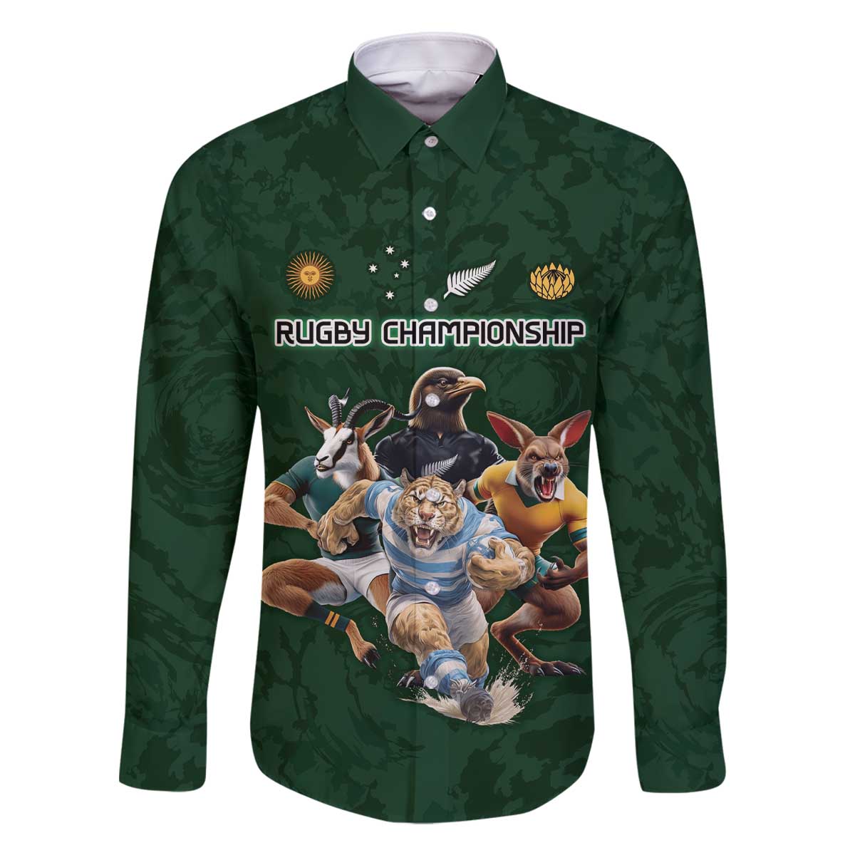 Custom Rugby Southern Hemisphere Family Matching Off The Shoulder Long Sleeve Dress and Hawaiian Shirt Argentina AUNZ South Africa Mascot Green - Polynesian Pride