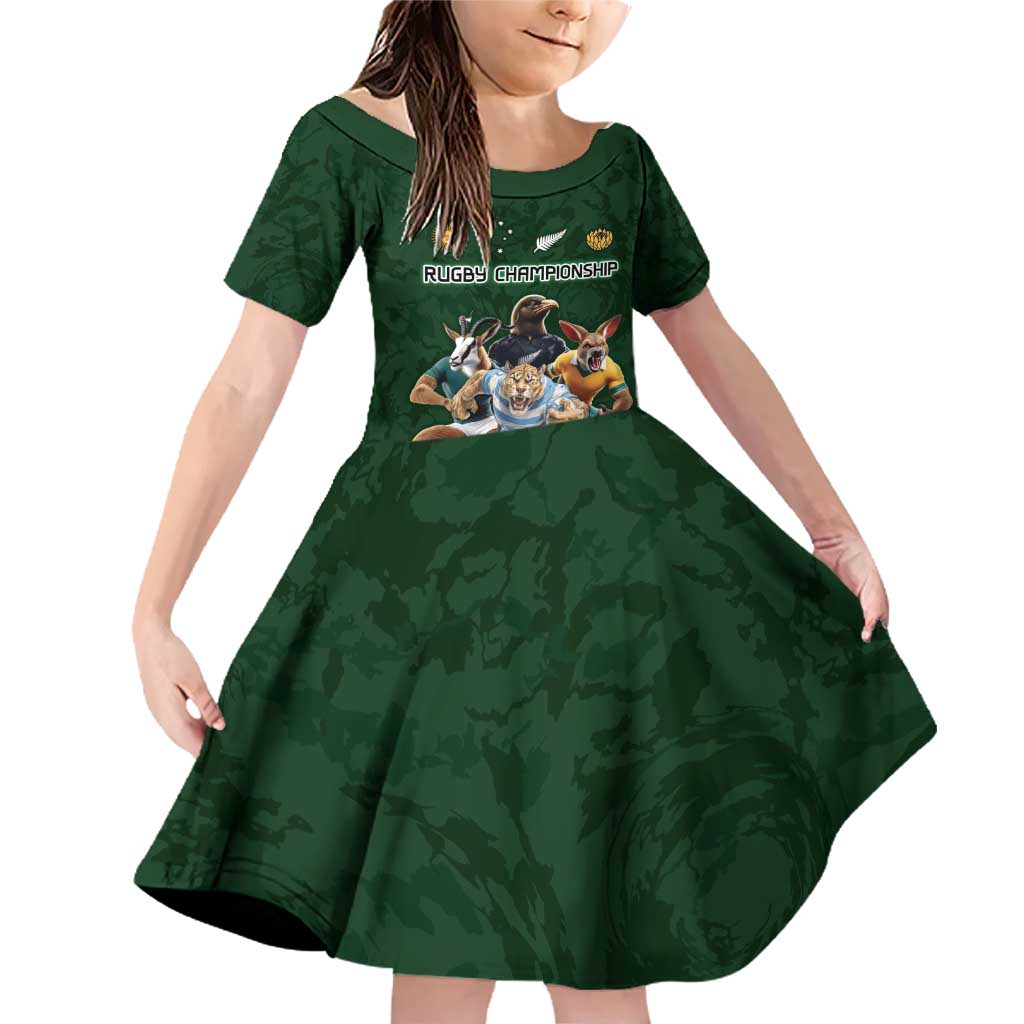 Custom Rugby Southern Hemisphere Family Matching Off Shoulder Short Dress and Hawaiian Shirt Argentina AUNZ South Africa Mascot Green - Polynesian Pride