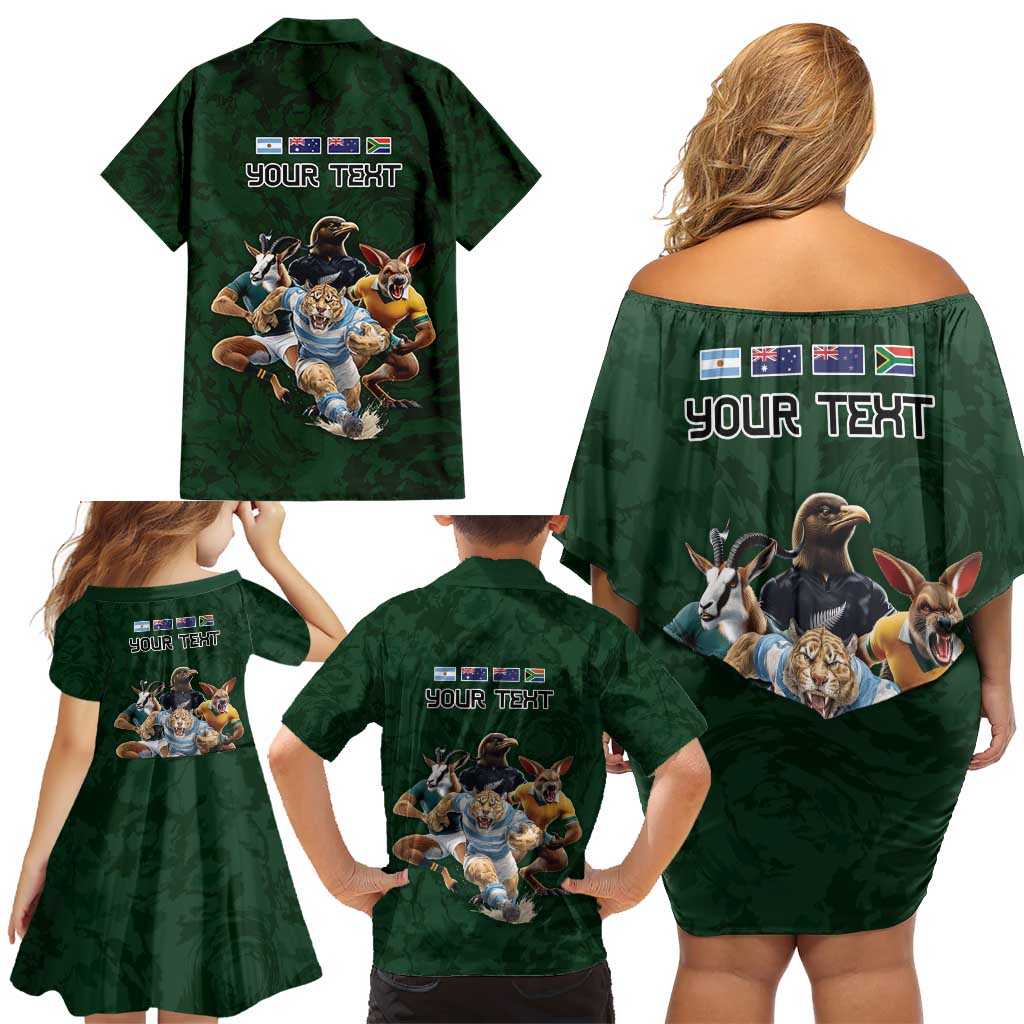 Custom Rugby Southern Hemisphere Family Matching Off Shoulder Short Dress and Hawaiian Shirt Argentina AUNZ South Africa Mascot Green - Polynesian Pride