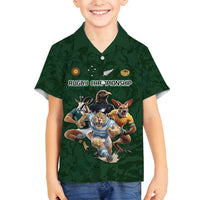 Custom Rugby Southern Hemisphere Family Matching Off Shoulder Short Dress and Hawaiian Shirt Argentina AUNZ South Africa Mascot Green - Polynesian Pride