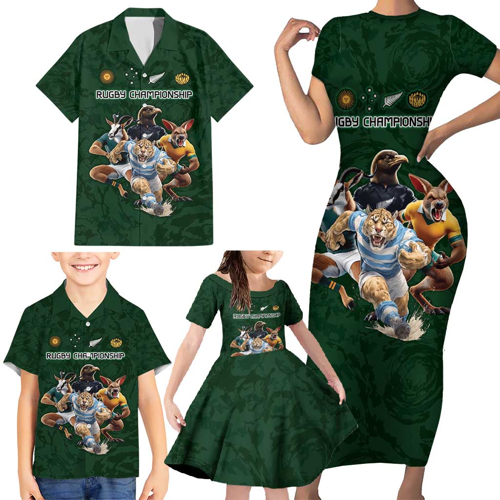 Custom Rugby Southern Hemisphere Family Matching Short Sleeve Bodycon Dress and Hawaiian Shirt Argentina AUNZ South Africa Mascot Green - Polynesian Pride