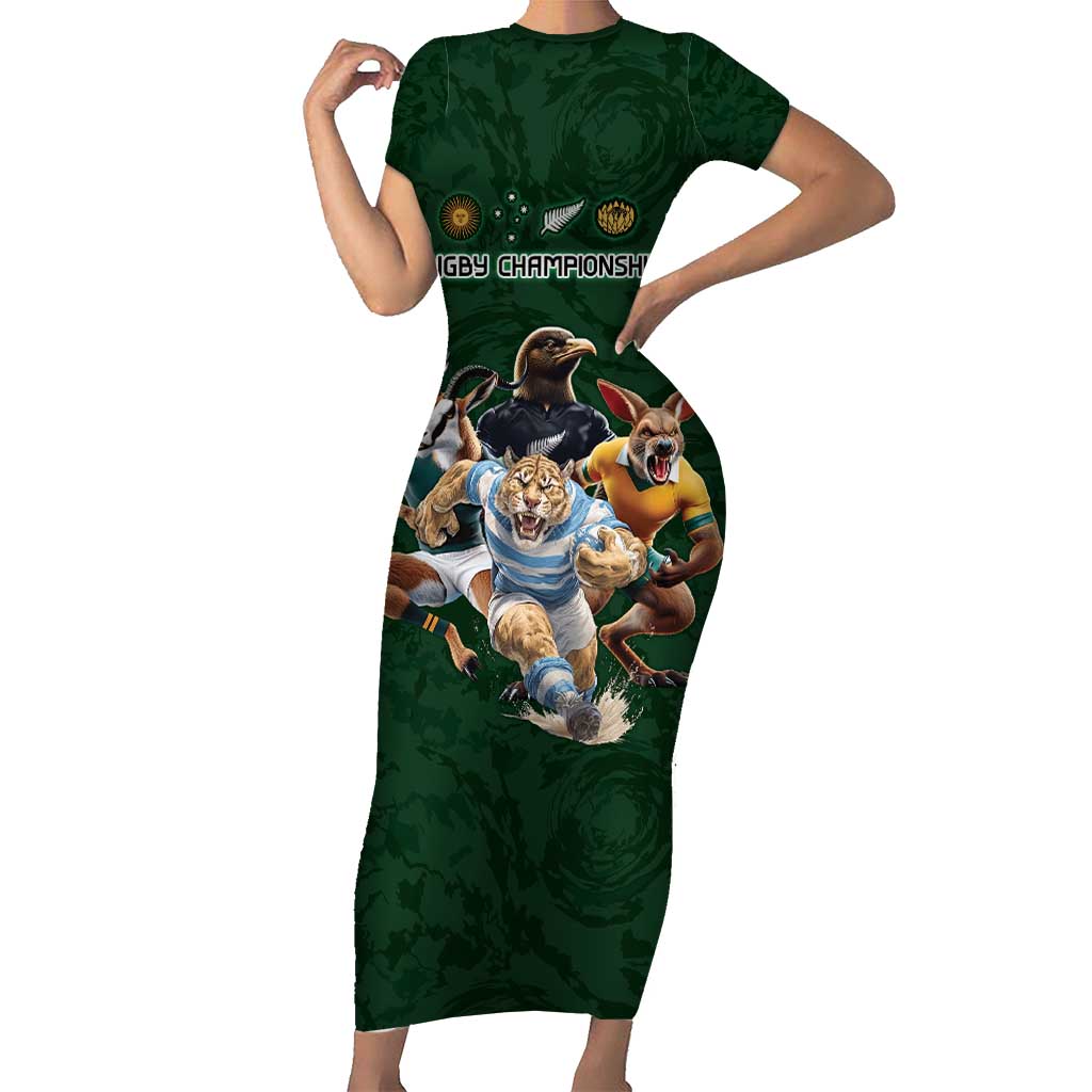 Custom Rugby Southern Hemisphere Family Matching Short Sleeve Bodycon Dress and Hawaiian Shirt Argentina AUNZ South Africa Mascot Green - Polynesian Pride