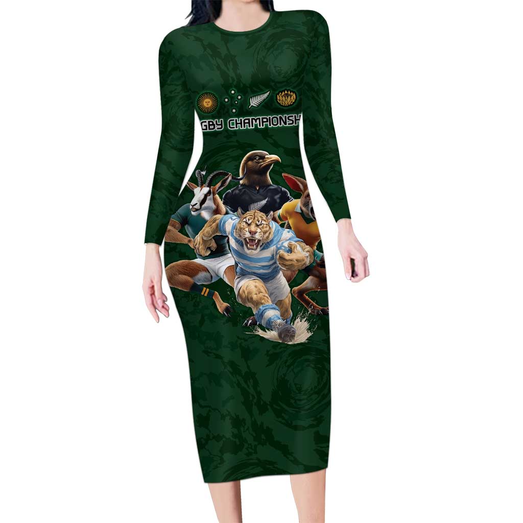 Custom Rugby Southern Hemisphere Long Sleeve Bodycon Dress Argentina AUNZ South Africa Mascot Green - Polynesian Pride