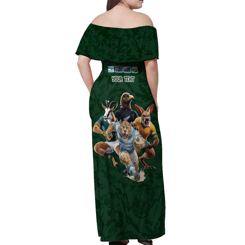 Custom Rugby Southern Hemisphere Off Shoulder Maxi Dress Argentina AUNZ South Africa Mascot Green - Polynesian Pride