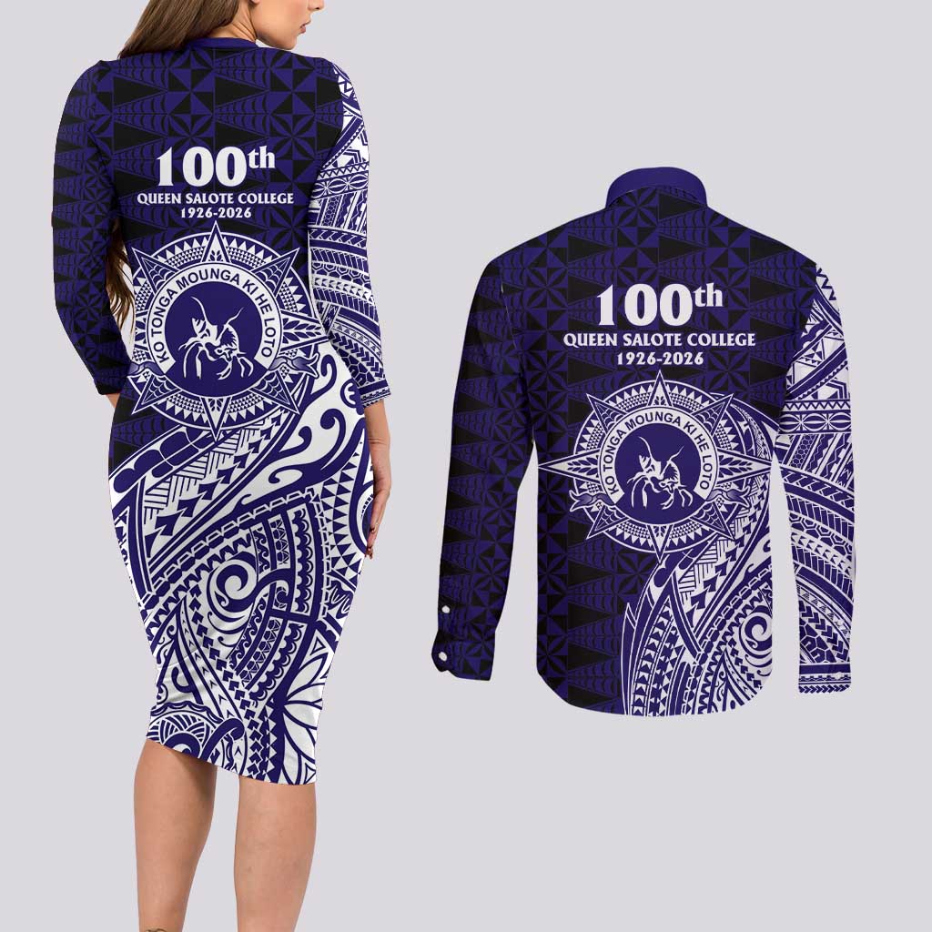 Tonga Queen Salote College 100th Years Couples Matching Long Sleeve Bodycon Dress and Long Sleeve Button Shirt Est 1926 Tongan Ngatu Tapa - Polynesian Pride