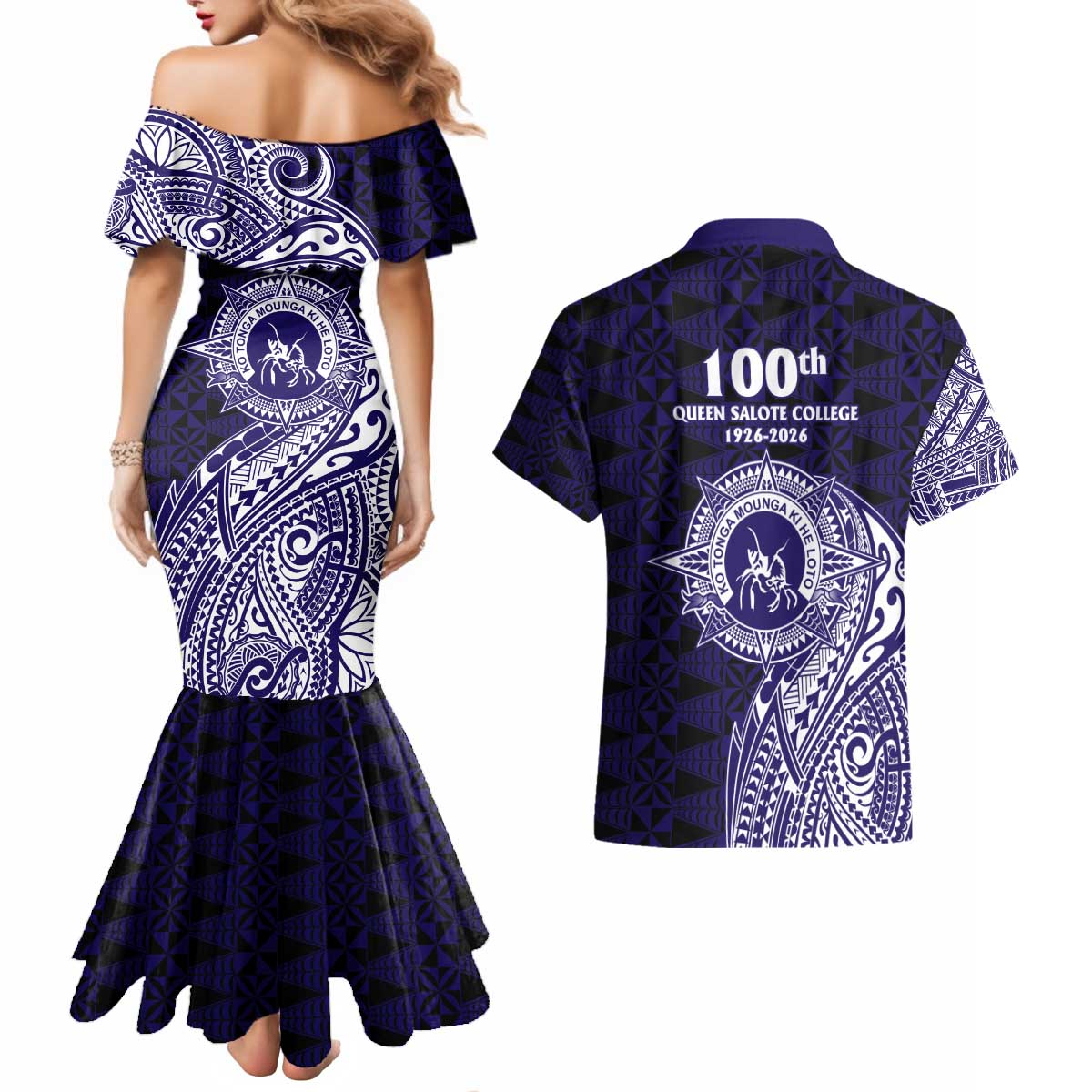 Tonga Queen Salote College 100th Years Couples Matching Mermaid Dress and Hawaiian Shirt Est 1926 Tongan Ngatu Tapa - Polynesian Pride