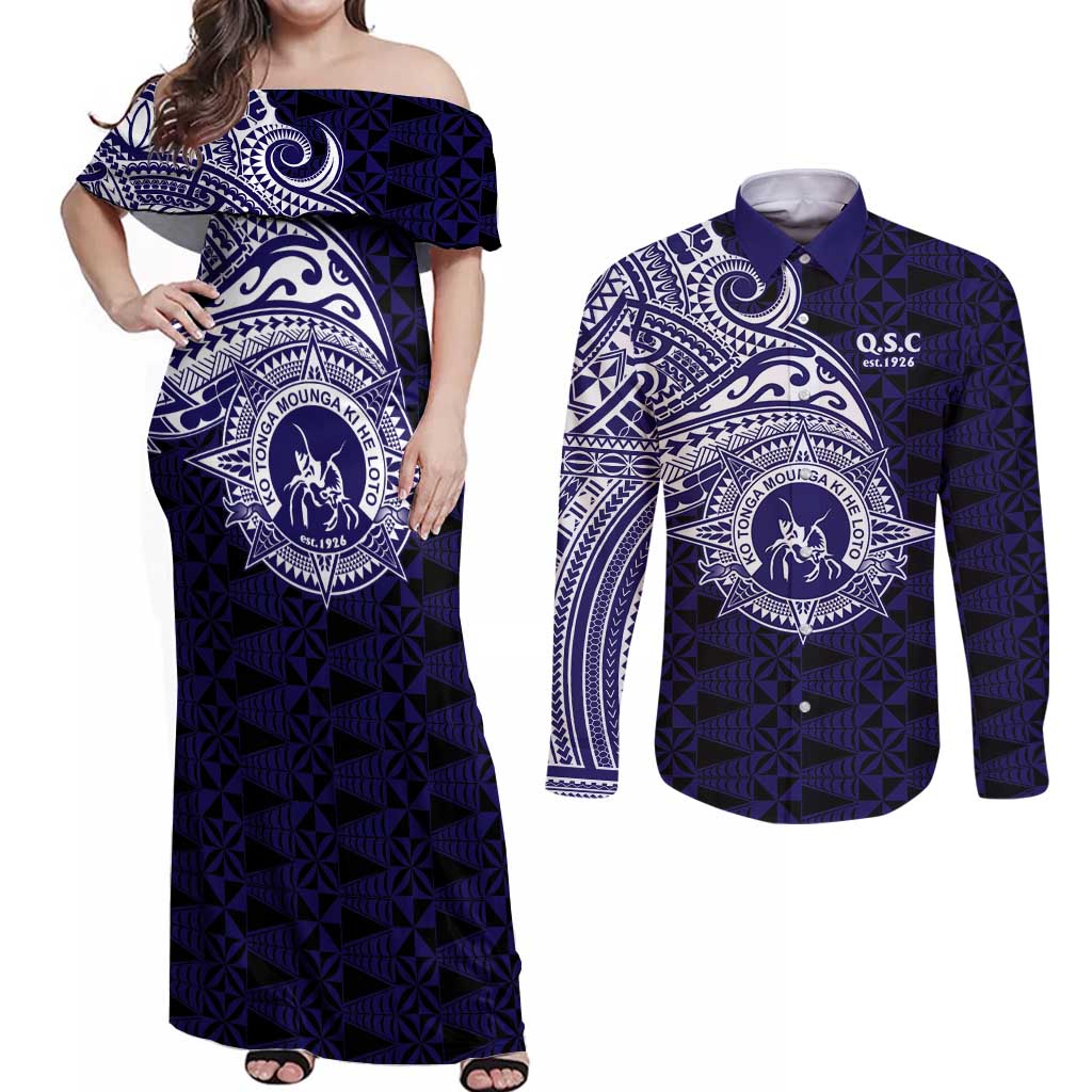 Tonga Queen Salote College 100th Years Couples Matching Off Shoulder Maxi Dress and Long Sleeve Button Shirt Est 1926 Tongan Ngatu Tapa - Polynesian Pride