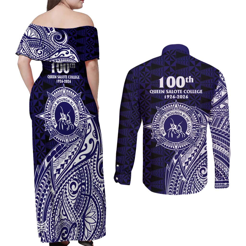Tonga Queen Salote College 100th Years Couples Matching Off Shoulder Maxi Dress and Long Sleeve Button Shirt Est 1926 Tongan Ngatu Tapa - Polynesian Pride