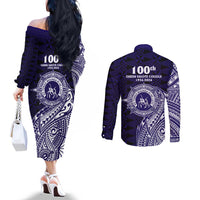 Tonga Queen Salote College 100th Years Couples Matching Off The Shoulder Long Sleeve Dress and Long Sleeve Button Shirt Est 1926 Tongan Ngatu Tapa - Polynesian Pride