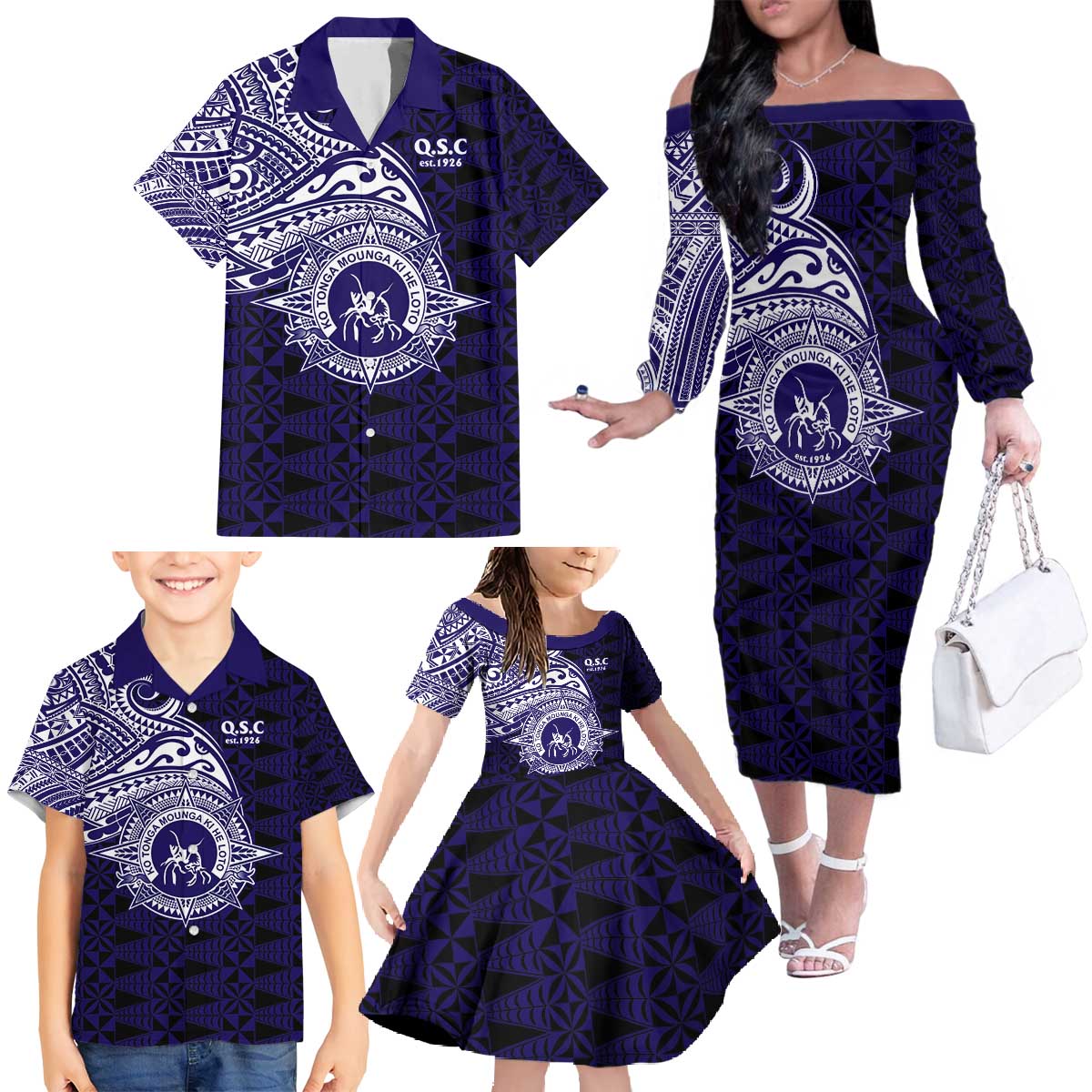 Tonga Queen Salote College 100th Years Family Matching Off The Shoulder Long Sleeve Dress and Hawaiian Shirt Est 1926 Tongan Ngatu Tapa - Polynesian Pride