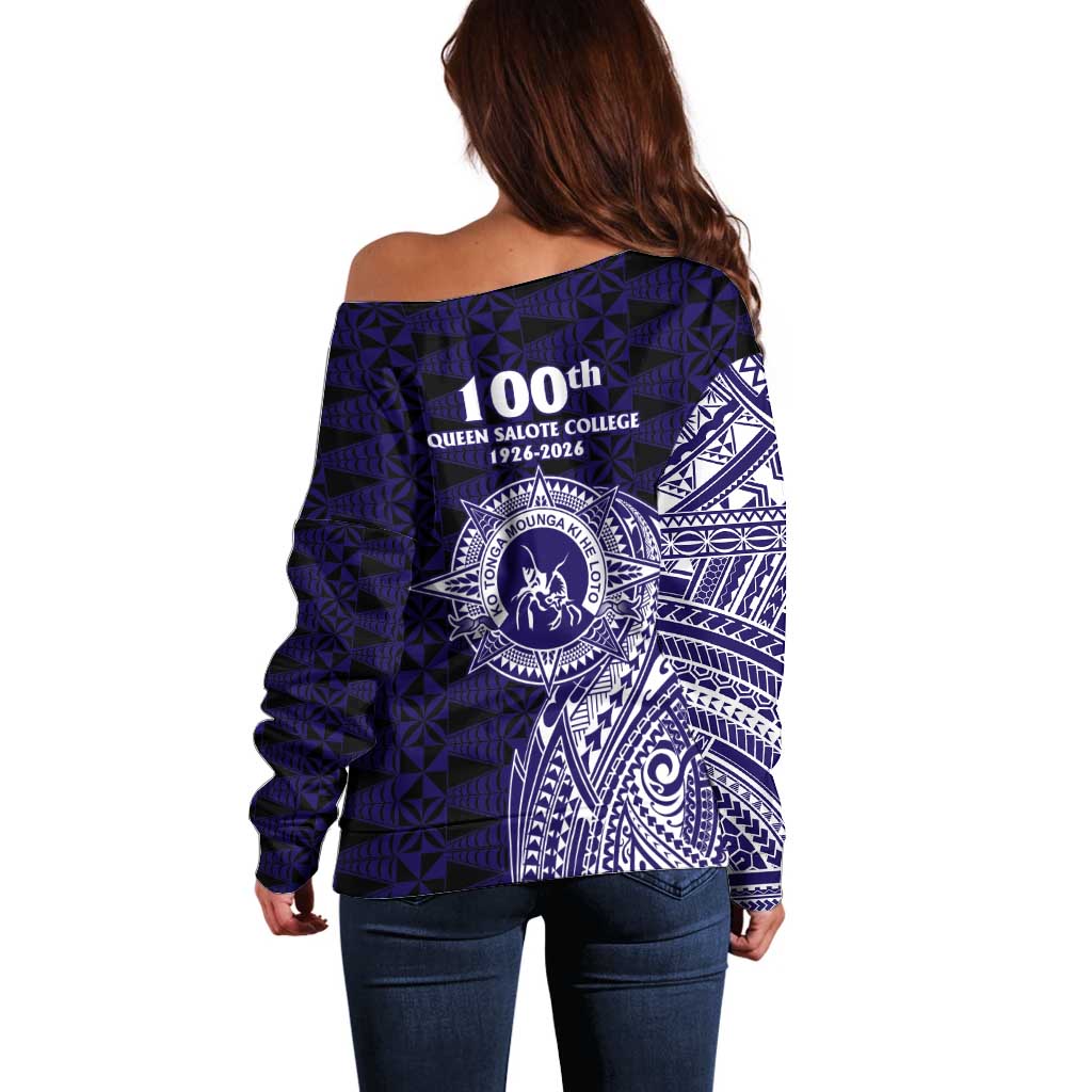 Tonga Queen Salote College 100th Years Off Shoulder Sweater Est 1926 Tongan Ngatu Tapa - Polynesian Pride