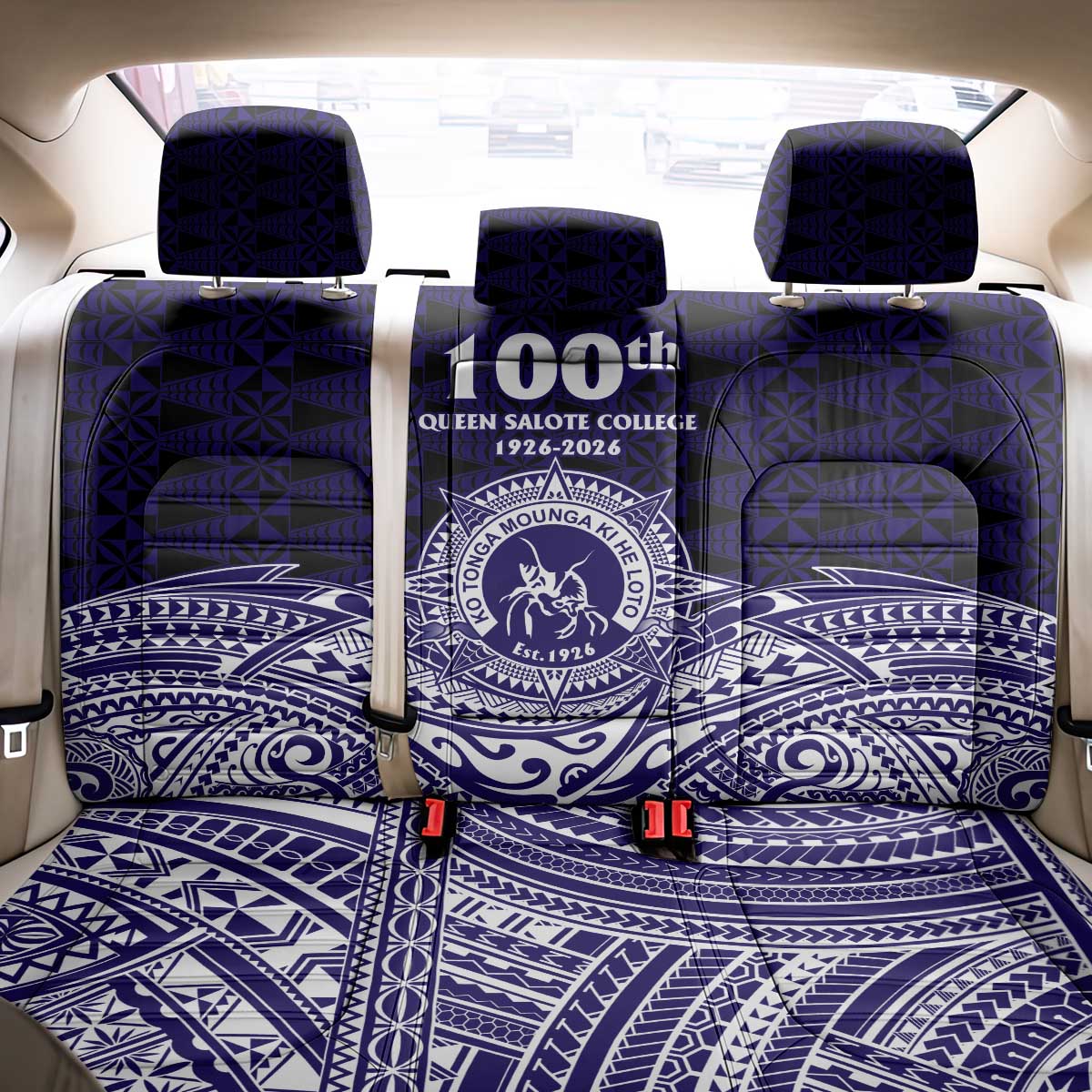 Tonga Queen Salote College 100th Years Back Car Seat Cover Blue Tonga Kupesi Uniquely Pacific Art - Polynesian Pride