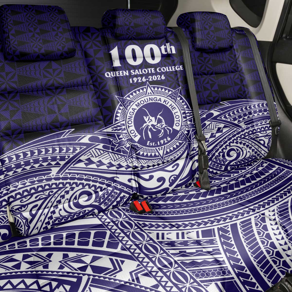 Tonga Queen Salote College 100th Years Back Car Seat Cover Blue Tonga Kupesi Uniquely Pacific Art - Polynesian Pride