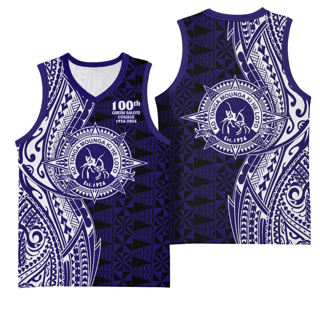 Tonga Queen Salote College 100th Years Basketball Jersey Blue Tonga Kupesi Uniquely Pacific Art - Polynesian Pride