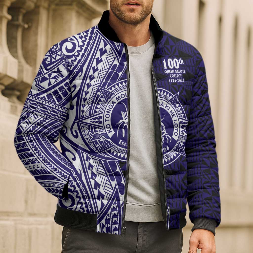 Tonga Queen Salote College 100th Years Bomber Puffer Jacket Blue Tonga Kupesi Uniquely Pacific Art - Polynesian Pride