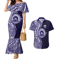 Tonga Queen Salote College 100th Years Couples Matching Mermaid Dress and Hawaiian Shirt Blue Tonga Kupesi Uniquely Pacific Art - Polynesian Pride