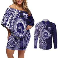 Tonga Queen Salote College 100th Years Couples Matching Off Shoulder Short Dress and Long Sleeve Button Shirt Blue Tonga Kupesi Uniquely Pacific Art - Polynesian Pride
