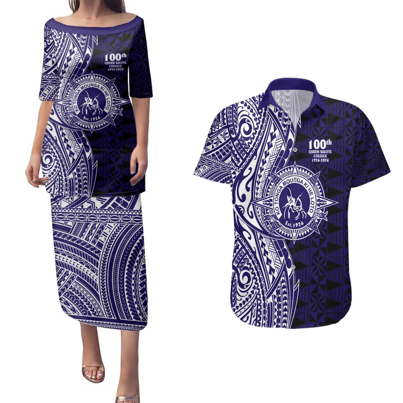Tonga Queen Salote College 100th Years Couples Matching Puletasi and Hawaiian Shirt Blue Tonga Kupesi Uniquely Pacific Art - Polynesian Pride