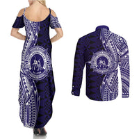 Tonga Queen Salote College 100th Years Couples Matching Summer Maxi Dress and Long Sleeve Button Shirt Blue Tonga Kupesi Uniquely Pacific Art - Polynesian Pride