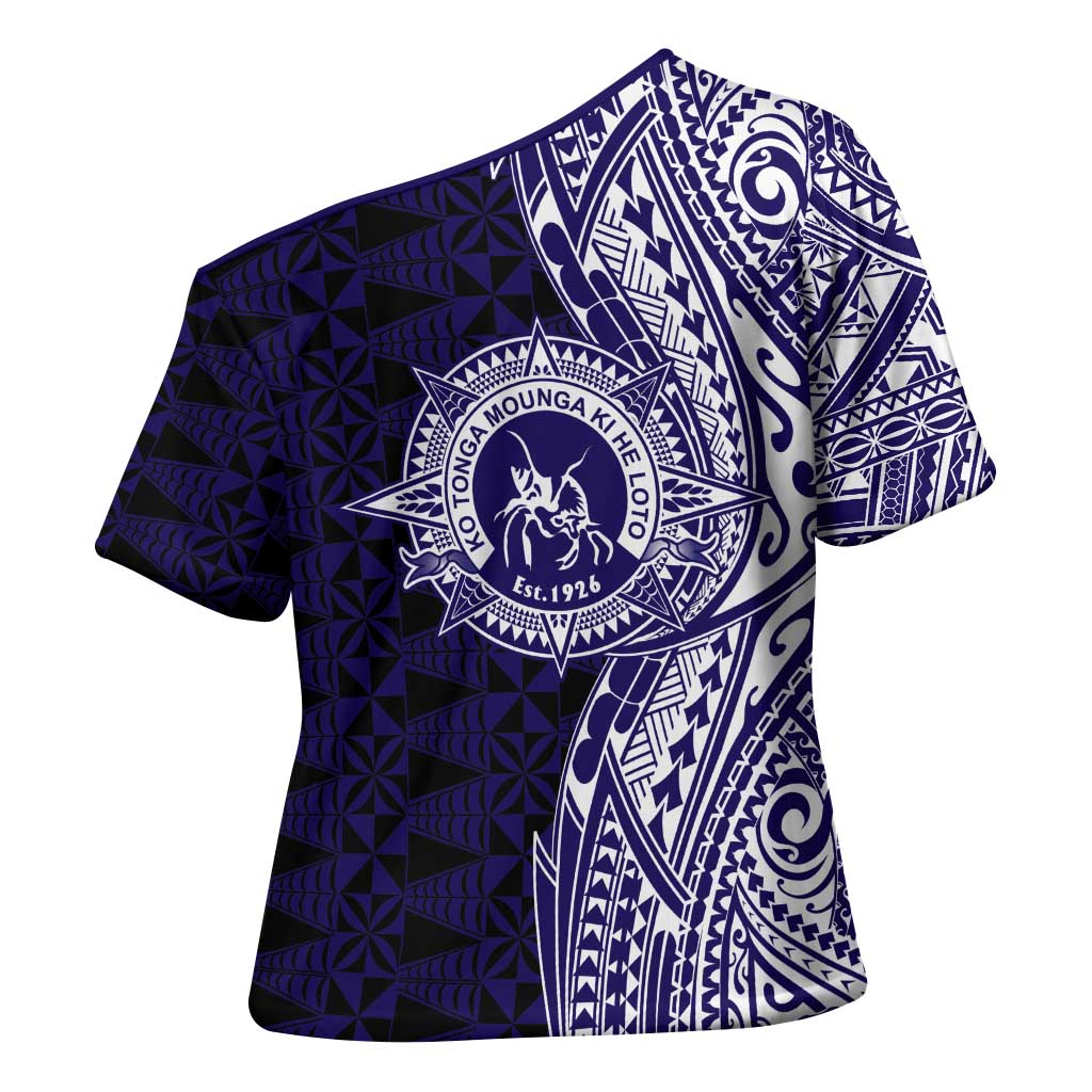 Tonga Queen Salote College 100th Years Cross Shoulder Shirt Blue Tonga Kupesi Uniquely Pacific Art - Polynesian Pride