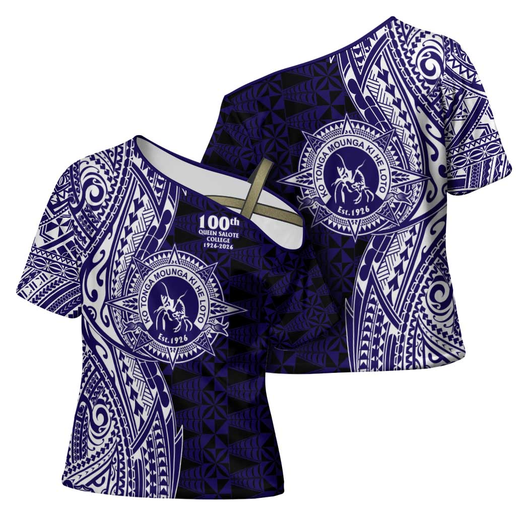 Tonga Queen Salote College 100th Years Cross Shoulder Shirt Blue Tonga Kupesi Uniquely Pacific Art - Polynesian Pride