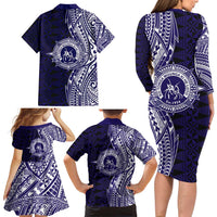 Tonga Queen Salote College 100th Years Family Matching Long Sleeve Bodycon Dress and Hawaiian Shirt Blue Tonga Kupesi Uniquely Pacific Art - Polynesian Pride