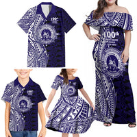 Tonga Queen Salote College 100th Years Family Matching Off Shoulder Maxi Dress and Hawaiian Shirt Blue Tonga Kupesi Uniquely Pacific Art - Polynesian Pride