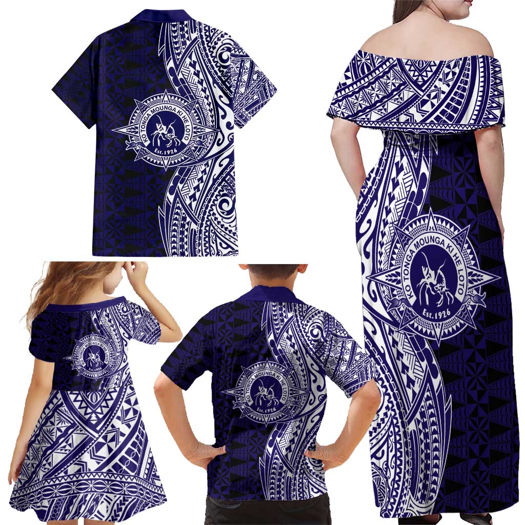 Tonga Queen Salote College 100th Years Family Matching Off Shoulder Maxi Dress and Hawaiian Shirt Blue Tonga Kupesi Uniquely Pacific Art - Polynesian Pride