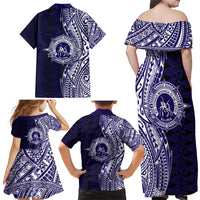 Tonga Queen Salote College 100th Years Family Matching Off Shoulder Maxi Dress and Hawaiian Shirt Blue Tonga Kupesi Uniquely Pacific Art - Polynesian Pride