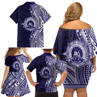 Tonga Queen Salote College 100th Years Family Matching Off Shoulder Short Dress and Hawaiian Shirt Blue Tonga Kupesi Uniquely Pacific Art - Polynesian Pride