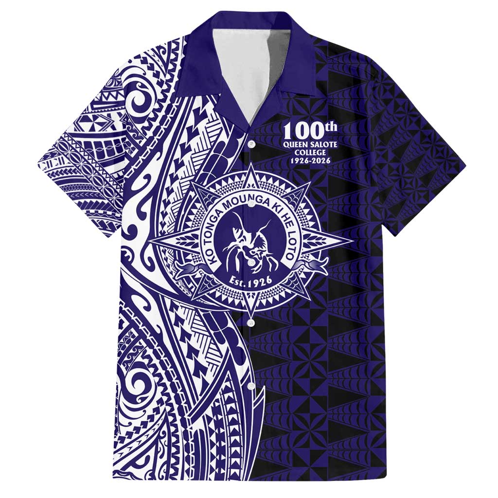 Tonga Queen Salote College 100th Years Family Matching Off Shoulder Short Dress and Hawaiian Shirt Blue Tonga Kupesi Uniquely Pacific Art - Polynesian Pride