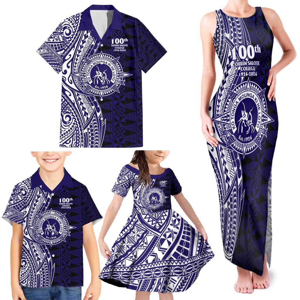 Tonga Queen Salote College 100th Years Family Matching Tank Maxi Dress and Hawaiian Shirt Blue Tonga Kupesi Uniquely Pacific Art - Polynesian Pride