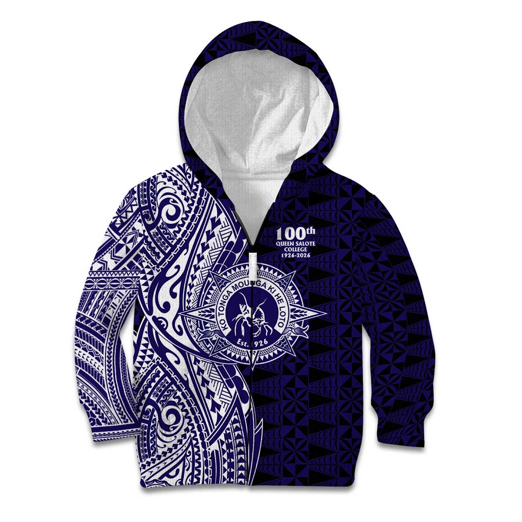 Tonga Queen Salote College 100th Years Kid Hoodie Blue Tonga Kupesi Uniquely Pacific Art - Polynesian Pride