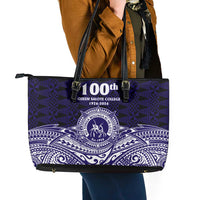 Tonga Queen Salote College 100th Years Leather Tote Bag Blue Tonga Kupesi Uniquely Pacific Art - Polynesian Pride
