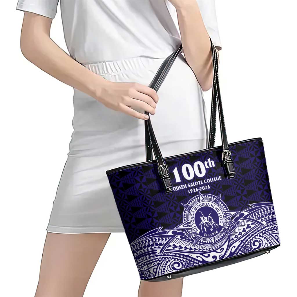 Tonga Queen Salote College 100th Years Leather Tote Bag Blue Tonga Kupesi Uniquely Pacific Art - Polynesian Pride