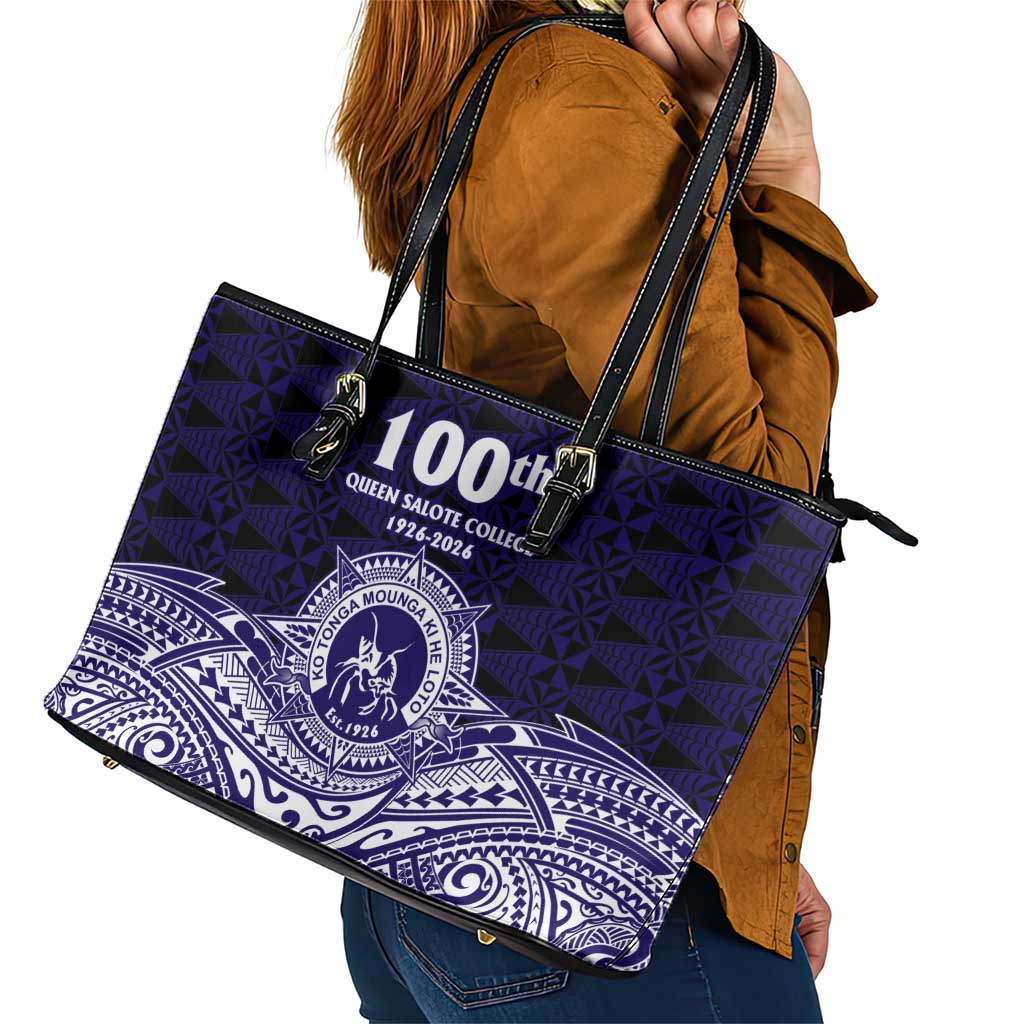 Tonga Queen Salote College 100th Years Leather Tote Bag Blue Tonga Kupesi Uniquely Pacific Art - Polynesian Pride