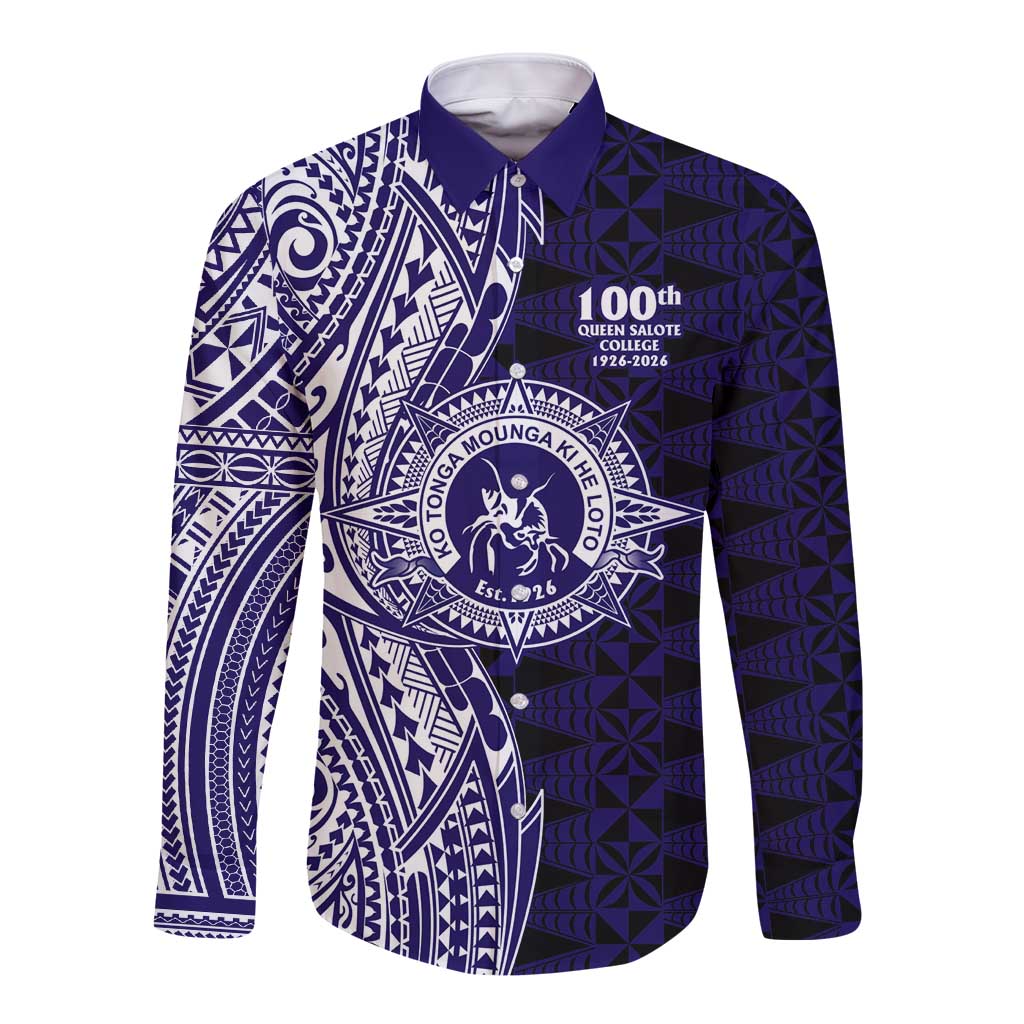 Tonga Queen Salote College 100th Years Long Sleeve Button Shirt Blue Tonga Kupesi Uniquely Pacific Art - Polynesian Pride