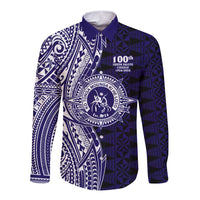 Tonga Queen Salote College 100th Years Long Sleeve Button Shirt Blue Tonga Kupesi Uniquely Pacific Art - Polynesian Pride