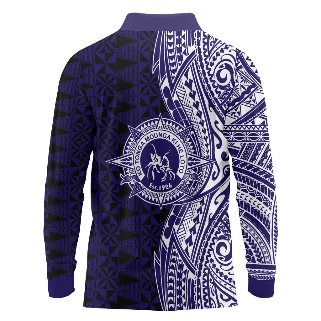 Tonga Queen Salote College 100th Years Long Sleeve Polo Shirt Blue Tonga Kupesi Uniquely Pacific Art - Polynesian Pride