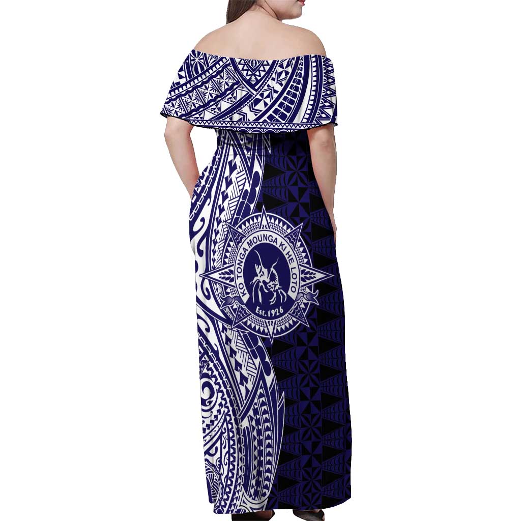 Tonga Queen Salote College 100th Years Off Shoulder Maxi Dress Blue Tonga Kupesi Uniquely Pacific Art - Polynesian Pride