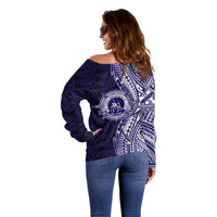 Tonga Queen Salote College 100th Years Off Shoulder Sweater Blue Tonga Kupesi Uniquely Pacific Art - Polynesian Pride